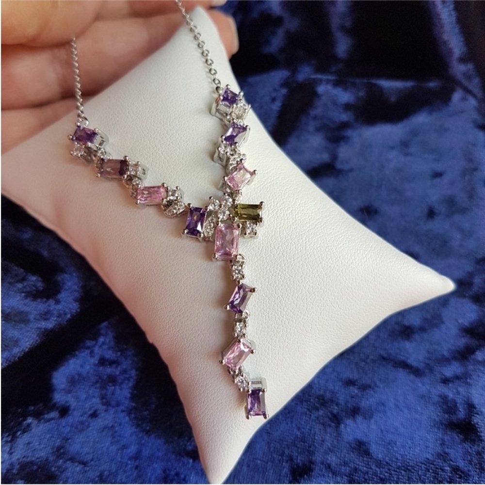 Swarovski Elements Platinum Multicolor Pink & Purple Gem Geometric Necklace NEW - Picture 9 of 13
